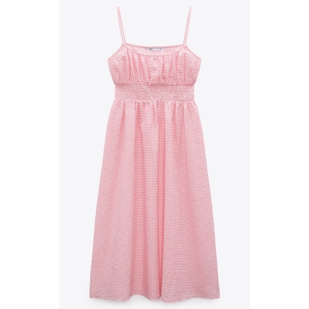 Zara Blogger Favorite Barbiecore Pink Gingham Smocked Midi Dress